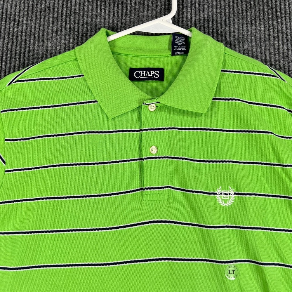 Chaps Polo Shirt Mens Large Tall Green Striped Short Sleeve Casual Comfort New